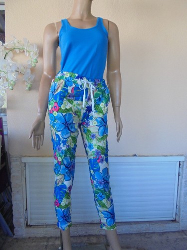 Pantalon colore fleurie bleu - pantalon,