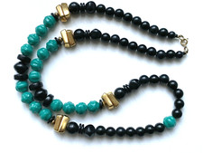 COLLIER vintage perle plastique NOIR VERT BLEU Doré 75cm ! 