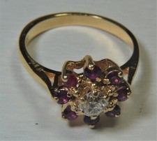 Solide 14k Or Sz 6 Bague 0.35 CT Rond VS1 / Diamant H & 8 Rubies 0.3 Carats 3.4g