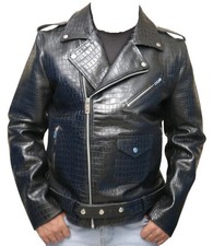 Veste de moto motard classique noire croco pour homme 100 % cuir véritable...