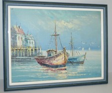 -JOLIE ANCIENNE MARINE ANONYME XXe HST BATEAUX de PECHE PORT PONTON cadre bois