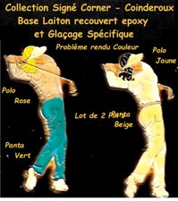 GOLF Femme _ Signé Corner _Lot 2 Pin's _ Pantalon Vert-Polo Rose