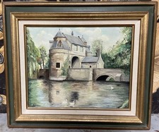 Peinture Ancienne Château Huile sur Toile Signée