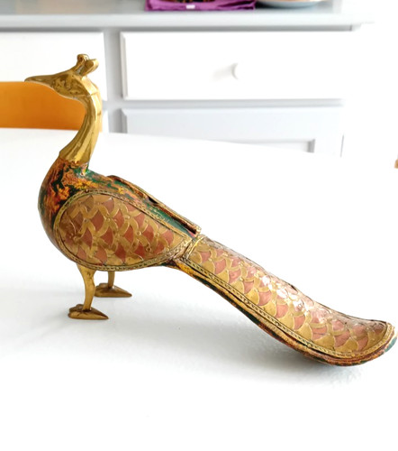 Figurine paon bois - et, laiton