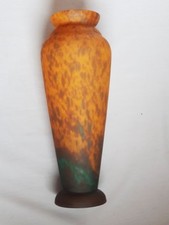 GRAND VASE PATE DE VERRE MULTICOUCHE  MARMOREEN ORANGE/VERT LORRAIN/MULLER-36 cm