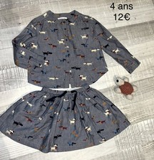 Monoprix 4 Ans Fille : Chemise Chiens + Jupe Assortie Hiver TBE