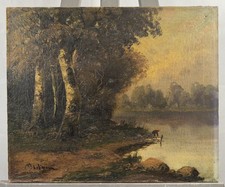 Ancienne huile sur toile : paysage lacustre Ecole de Barbizon Fontainebleau ?