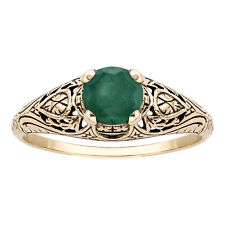 10k or Jaune Style Vintage Véritable Rond Émeraude Défiler Bague
