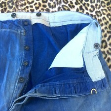 FRENCH 1930s WORKWEAR CHORE RAILROAD PANTS~ BLUE DENIM ~SUSPENDERS BUTTONS~ W:36