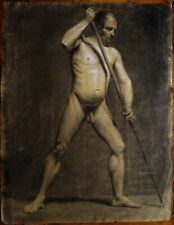 Nu masculin - Grande académie d'homme - Dessin original ancien