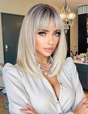 Perruque Synthétique Courte Blonde Racine Foncé Wig Cheveux Lisses +4 Bonnet