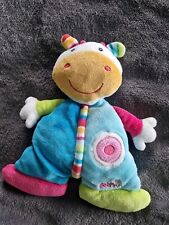 Peluche doudou vache girafe semi plat BABYSUN bleu orange hochet grelot TTBE