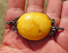 Broche Argent Cabochon Ambre Décor Floral Bijou Ancien Antique Amber Brooch