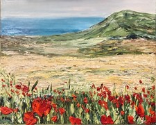 TABLEAU HUILE ET AU COUTEAU ...VUE SUR LA MER de MARTINE VILLA ... TRES BON ETAT