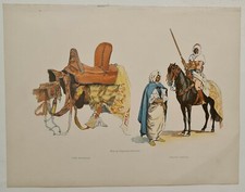 Cavalier du Bey et sa selle vers 1890 Estampe en couleur Militaire Tunisie	