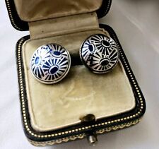 Puces D'oreille Art Déco Argent Fleurs Émail Bleu Poinçon 835 Fermoir Tige À Vis