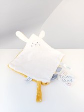 Doudou Plat/Mouchoir Lapin Blanc Jaune Gris Étoiles Attache Tétine Okaïdi Obaïbi