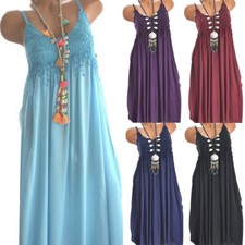 Femmes Col En V Boho Robe Mi-Longue Dames Vacances D'été Plage Cami Robe D' /