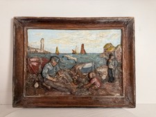 Ancien tableau en bois sculpté relief scène de pêche peint à la main