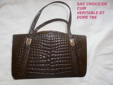 ANCIEN SAC A MAIN VINTAGE EN CUIR VERITABLE CROCO MARRON BRILLANT TBE