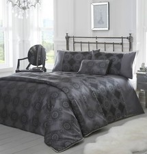 SET HOUSSE DE COUETTE DOUBLE CLAUDE NOIR CERCLES ARGENTÉS MOTIF TRIBAL FLORAL