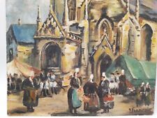 Tableau Huile sur isorel scène Bretonne devant l'égliseLOCRONAN signé Y.FRANÇOIS