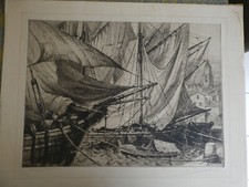 RARE grande EAU FORTE signée au crayon de CHARLES PINET  St tropez voiles au sec