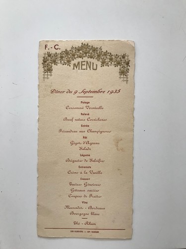 Menu ancien 1935 diner - 9/09/1935,