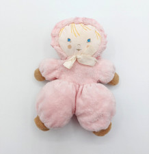 Ancien Doudou poupée hochet AJENA NOUNOURS grelot rose marron 22 cm