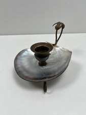 Ancien Bougeoir à Main Rat-de-Cave Souvenir de Royan Nacre & Laiton Napoléon III