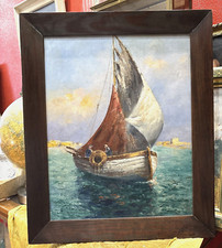 ancien grand tableau huile sur bois marine bateau de peche cote méditerranéenne