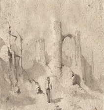 Personnage dans un paysage de ruines -  Dessin original ancien au lavis