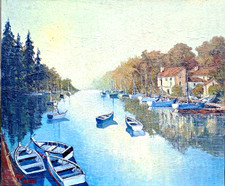 Ancien TABLEAU Huile sur Toile "Bateaux au mouillage"  M.Moravski Serre (Nice)