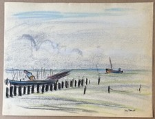 JEAN TARGET (1910-1997) Dessin Original Mer Marin Pêcheur Moules Bateau #75
