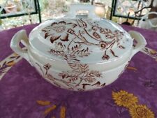 Soupière ou Légumier ancien Terre Fer Faience de Salins Décor Floral Sépia 30cm