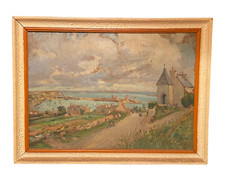 ANCIEN TABLEAU TOILE DE 1946 PEINTURE HUILE PEINTRE CÔTE LOUIS PRIEUR VU SUR MER
