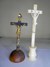 Lot 2 ancien Crucifix Christ croix en os sculpté bronze massif Art Religieux XIX