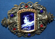Broche Ancienne  Métal Argent émaillé bleu 1900 femme