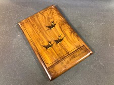 Ancien petit miroir pliant étui bois marqueté décor oiseaux inscription Ricardo