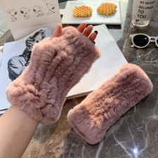 Femme Véritable Lapin Fourrure Gants Tricoté Mitaines Élastique Demi Rétro Hiver
