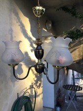 Lampe Suspension Laiton 3 Bras Col Cygne Globes Bouton Verre Brossé Ancien Rétro