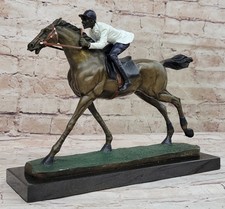 Jockey Equitation Cheval Bronze Figurine Statue Marbre Base Sculpture Lost Wax