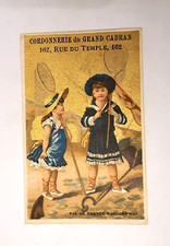 CHROMO ANCIEN CORDONNERIE CHAUSSURE PECHE A LA CREVETTE PETITE FILLE FOND OR 19E