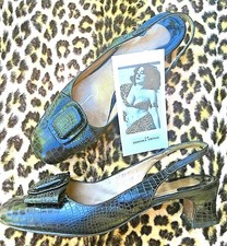 1960s MOD PUMPS SANDALS~BLACK EMBOSSED LEATHER : ALLIGATOR PRINT~MADE IN USA~8AA