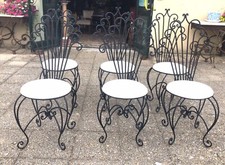 6 chaises fer forgé  arabesques noires avec assise tapissée blanc années 70