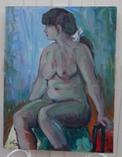 ANDRÉ REY XXe - GRANDE & BELLE TOILE - JEUNE FEMME NUE ASSISE, SORTANT DU BAIN -