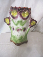 ANCIEN VASE BARBOTINE ONNAING  decor de pensées Art Nouveau 22,5 cm-majolica