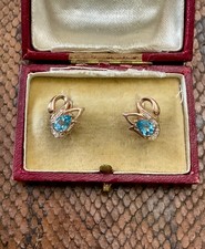 ANCIENNES  BOUCLES D'OREILLES CYGNES -  ARGENT MASSIF  OR ROSE  TOPAZE BLEUE