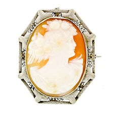 Ancien 14K Or Sculpté Coque Cameo Main Gravé Floral Filigrane Broche Pendentif