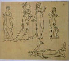 Bernard Boutet De Monvel Feuille 5 études Robes Coiffures Coiffes Accessoires 